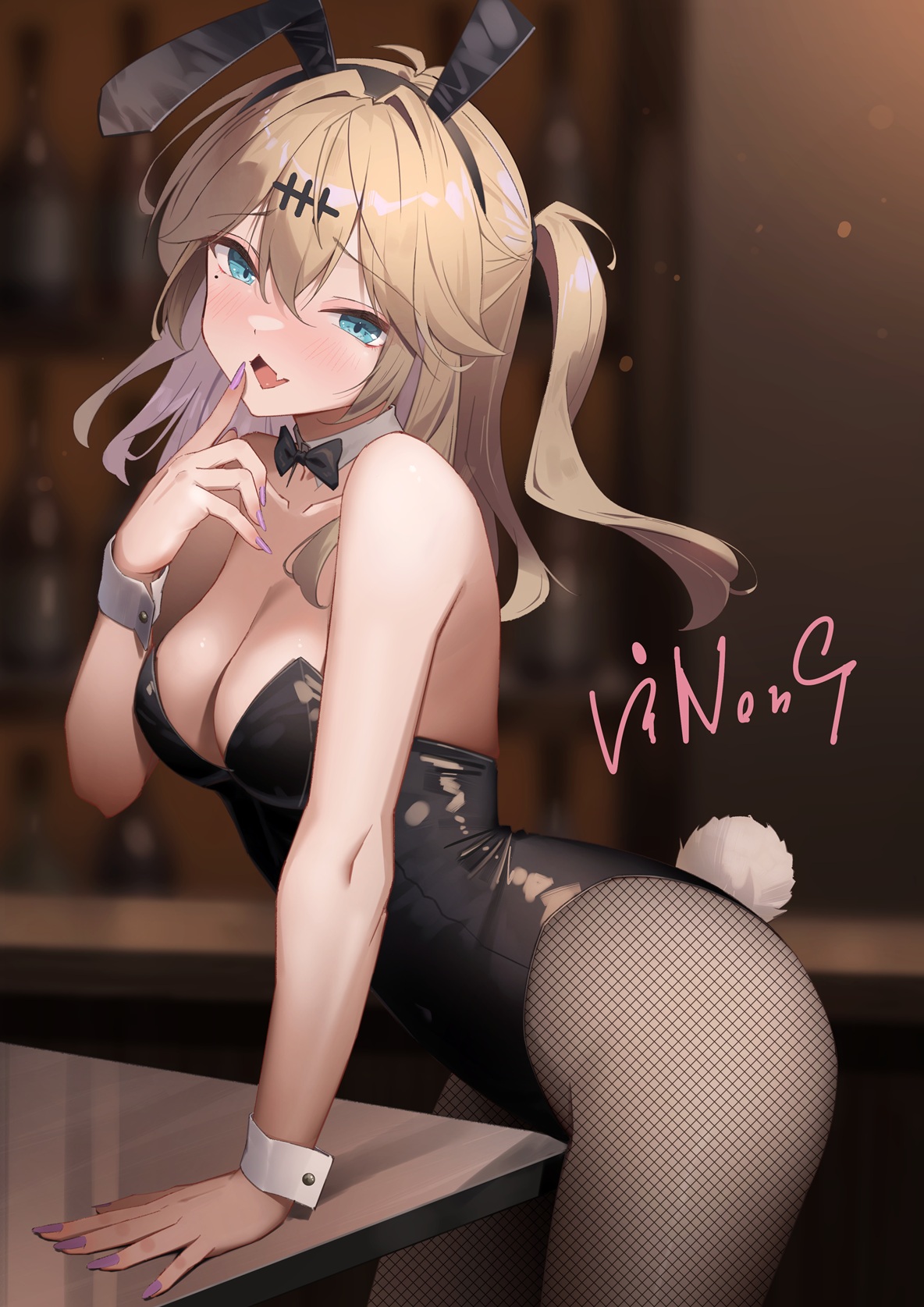 sakura rino, kasukabe tsumugi, voicevox, commentary request, highres, paid reward available, 1girl, :d, animal ears, bar (place), black bow, black bowtie, black leotard, blue eyes, blurry, blurry background, blush, bottle, bow, bowtie, breasts, brown hair, brown pantyhose, cleavage, collar, cowboy shot, detached collar, fake animal ears, fake tail, fang, fingernails, fishnet pantyhose, fishnets, leotard, long hair, looking at viewer, medium breasts, mole, mole under eye, one side up, open mouth, pantyhose, playboy bunny, purple nails, rabbit ears, rabbit tail, skin fang, smile, solo, strapless, strapless leotard, tail, white collar, wrist cuffs