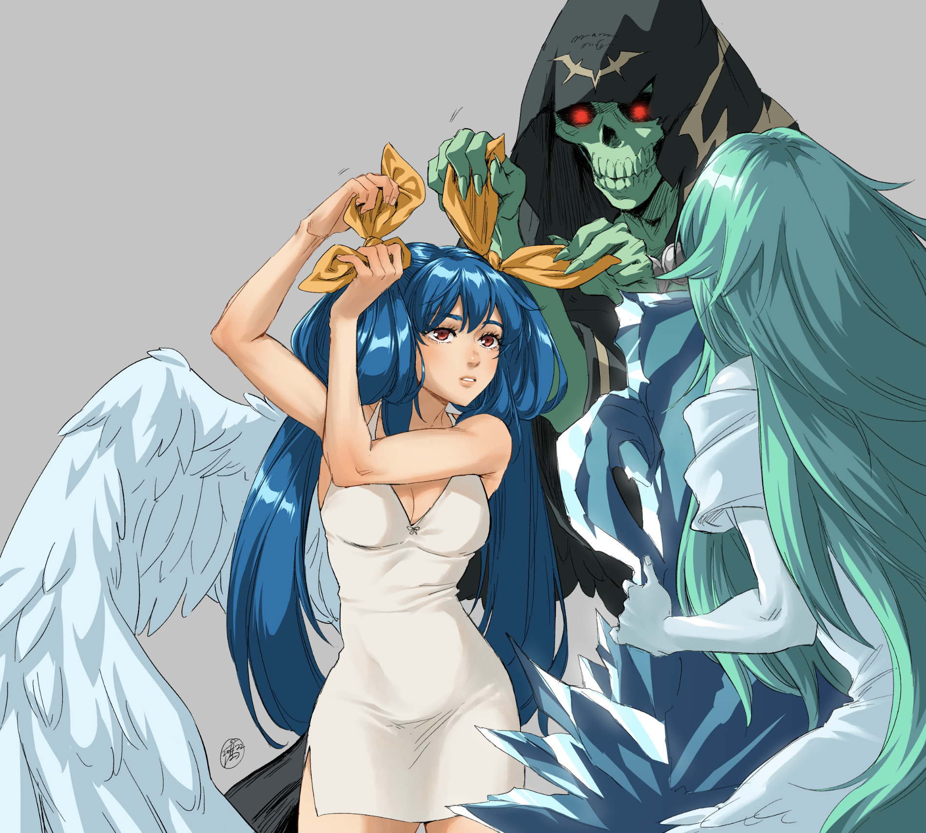irene koh, dizzy (guilty gear), necro (guilty gear), undine (guilty gear), guilty gear, guilty gear xrd, highres, 1boy, 2girls, adjusting clothes, adjusting headwear, arms up, black hood, blue hair, breasts, cleavage, colored skin, dress, green hair, green skin, grey background, hair ribbon, ice, large breasts, looking at mirror, mature female, mirror, monster girl, multiple girls, red eyes, ribbon, simple background, skull, skull head, sleepwear, twintails, white dress, white wings, wings, yellow ribbon