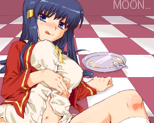 misaki juri, amasawa ikumi, moon (game), lowres, 1girl, blouse, bottomless, copyright name, female focus, hair spread out, kneehighs, looking at viewer, misaki kisato, moon, oekaki, plate, shirt, socks, solo, spread legs, tongue, white shirt, white socks