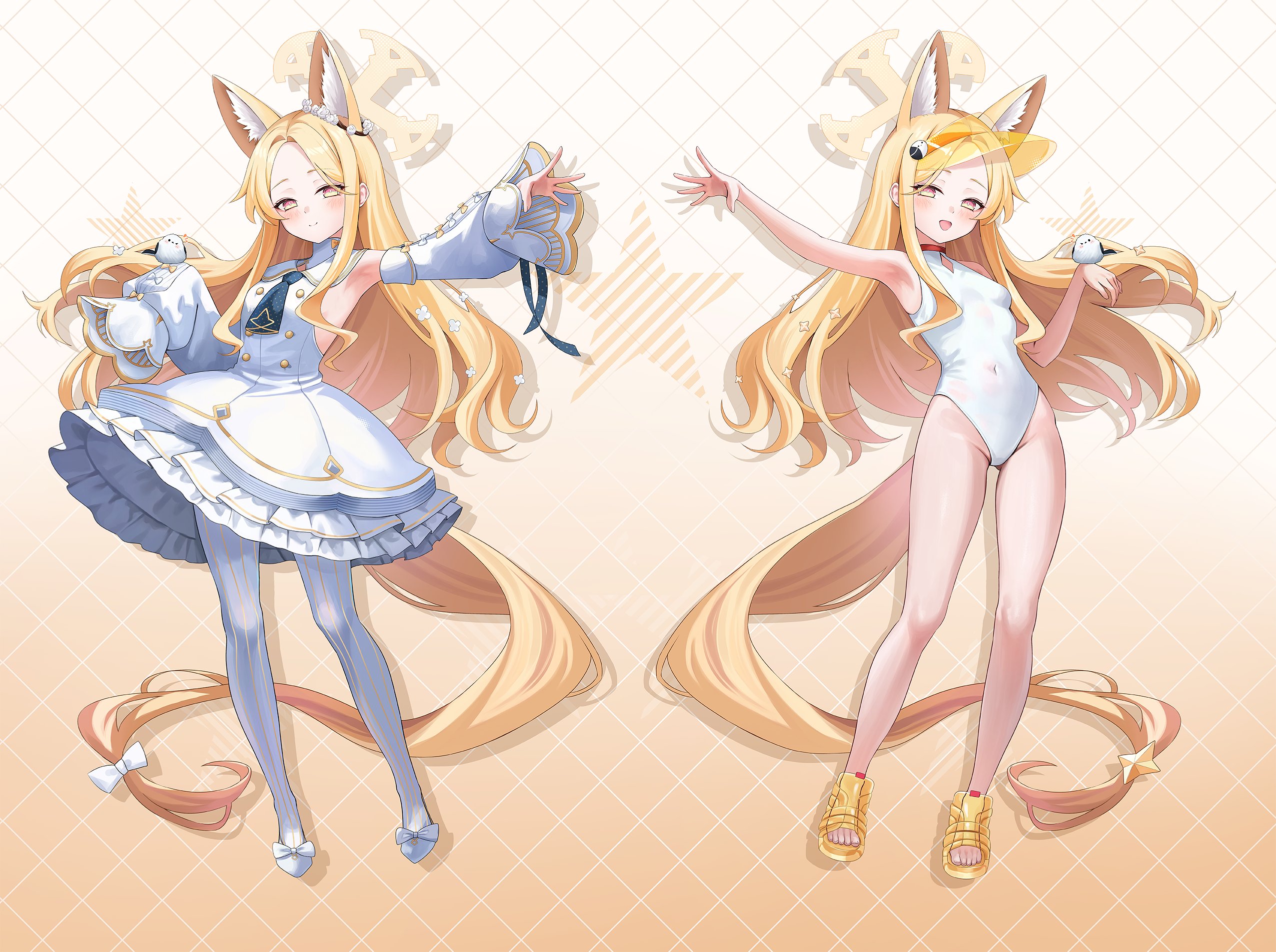 kottungyang, seia (blue archive), seia (swimsuit) (blue archive), blue archive, highres, 1girl, animal ear fluff, animal ears, armpits, bird, bird on hand, black necktie, blonde hair, blush, breasts, closed mouth, covered navel, detached sleeves, dress, ear ornament, ear wreath, fox ears, fox girl, fox tail, frilled dress, frills, full body, halo, hand up, long hair, long sleeves, looking at viewer, necktie, one-piece swimsuit, open mouth, pantyhose, puffy long sleeves, puffy sleeves, small breasts, smile, standing, star (symbol), swimsuit, tail, thighs, visor cap, white dress, white one-piece swimsuit, white pantyhose, white sleeves, yellow halo, yellow visor