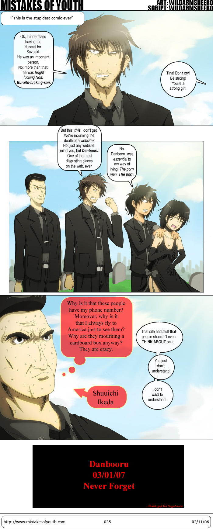 wildarmsheero, danbooru (site), highres, 1girl, 3boys, breasts, cleavage, collared shirt, comic, english text, meta, multiple boys, profanity, shirt, speech bubble