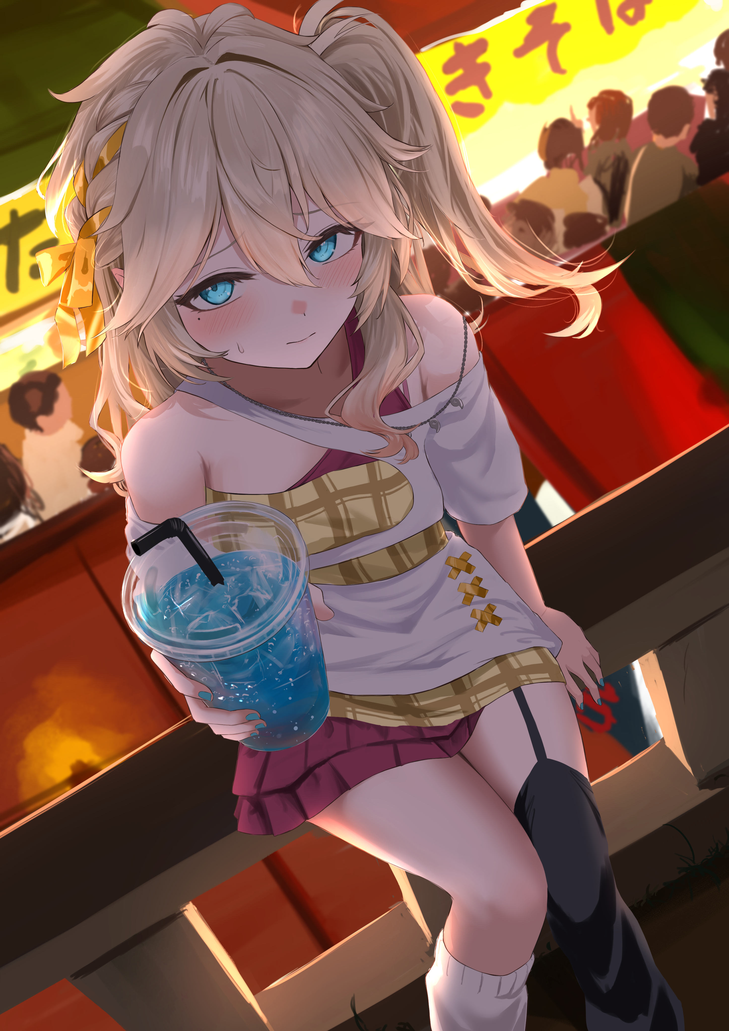 eru aise, kasukabe tsumugi, voicevox, absurdres, highres, 1girl, bare shoulders, black thighhighs, blonde hair, blue eyes, blue nails, blush, braid, crowd, cup, disposable cup, dress, drink, drinking straw, from above, hair ribbon, holding, holding cup, ice, ice cube, layered dress, long hair, looking at viewer, nail polish, ribbon, side ponytail, single thighhigh, sweatdrop, thighhighs, yellow ribbon