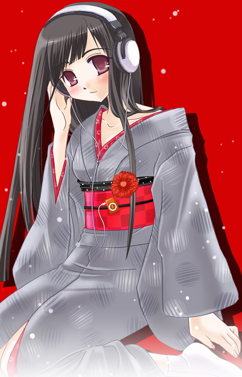 koshikawa guu, ipod shuffle, 1girl, black hair, blush, checkered sash, collarbone, digital media player, female focus, flower, hand on headphones, head tilt, headphones, ipod shuffle 2g, japanese clothes, kimono, long hair, no shoes, obi, purple eyes, red background, sash, sitting, smile, solo, tabi