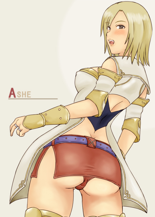 rirakukan, ashelia b'nargin dalmasca, final fantasy, final fantasy xii, 00s, 1girl, :o, ass, belt, blonde hair, breasts, brown eyes, butt crack, covered erect nipples, cowboy shot, dress, female focus, gauntlets, large breasts, looking at viewer, open mouth, panties, red panties, short hair, simple background, solo, standing, surprised, underwear, white dress, yellow background