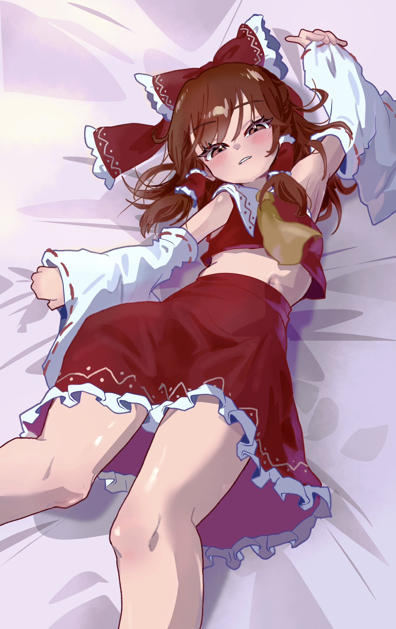 delta delta, hakurei reimu, touhou, highres, 1girl, arm at side, arm up, armpits, ascot, bed sheet, bow, brown eyes, brown hair, detached sleeves, feet out of frame, frilled bow, frilled hair tubes, frills, hair bow, hair tubes, knees, knees together feet apart, long hair, looking at viewer, lying, midriff, navel, nontraditional miko, on back, on bed, pinching sleeves, red bow, red skirt, ribbon-trimmed sleeves, ribbon trim, sheet grab, skirt, skirt set, sleeveless, solo, thighs, yellow ascot