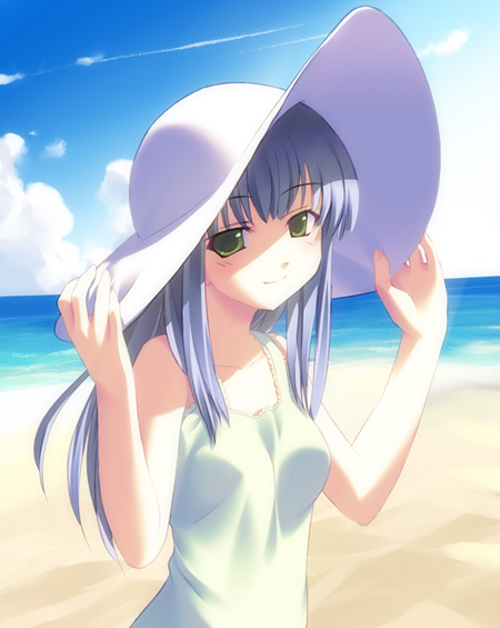 takoyaki (roast), kujou miyaho, rokujou miyaho, kono aozora ni yakusoku wo, silver hair, 00s, 1girl, bare shoulders, beach, blush, breasts, cloud, day, dress, female focus, from side, green dress, green eyes, hand on headwear, hat, lace, lace-trimmed dress, lace trim, light smile, long hair, looking at viewer, ocean, outdoors, purple hair, sky, small breasts, smile, solo, sun hat, sundress, upper body, water, white dress