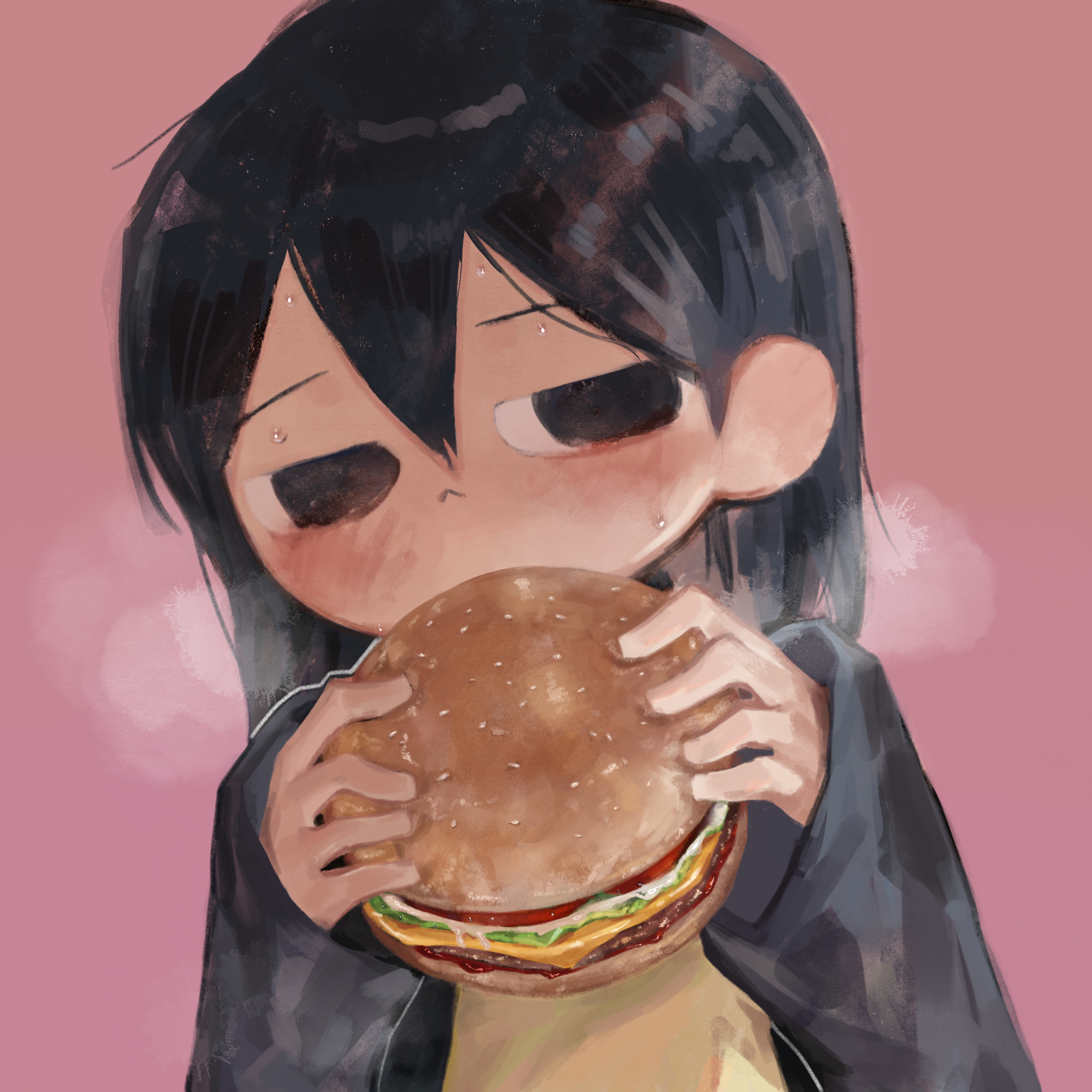 qjrs4221, andou natsumi, natsumi step!, highres, 1girl, black eyes, black hair, black shirt, blush, breath, burger, dress, eating, food, hair between eyes, holding, holding burger, holding food, long hair, looking to the side, pinafore dress, pink background, shirt, simple background, sleeveless, sleeveless dress, solo, sweat, upper body, yellow dress