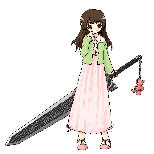 awase kagami, original, lowres, 1girl, female focus, pink shoes, shoes, simple background, solo, sword, weapon, white background