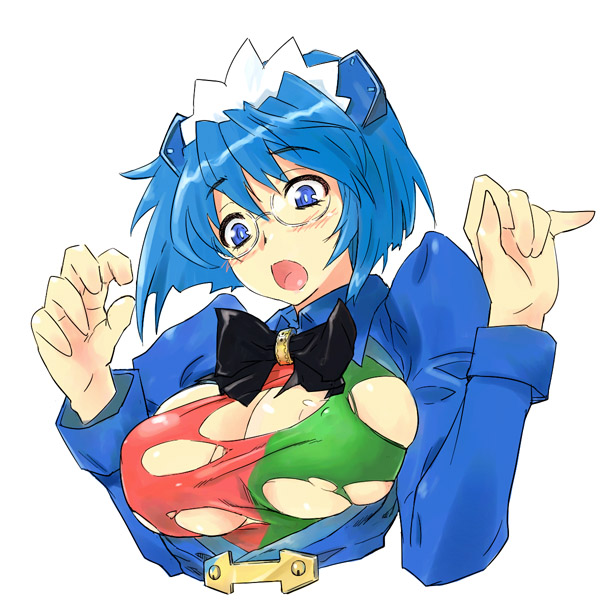 michael f91, 2k-tan, os-tan, 1girl, blue eyes, blue hair, blush, breast expansion, breasts, bursting breasts, female focus, glasses, huge breasts, matching hair/eyes, nipple slip, nipples, solo, torn clothes