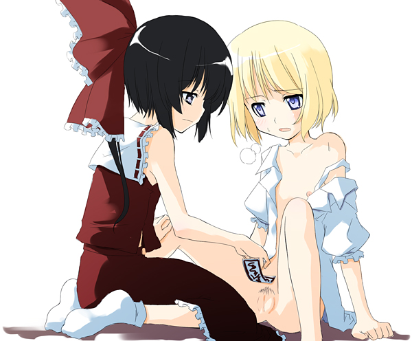 sakuraba yuuki, alice margatroid, hakurei reimu, touhou, 2girls, black hair, blonde hair, blue eyes, bow, breasts, female focus, flat chest, green eyes, maebari, multiple girls, nipples, open clothes, open shirt, pubic hair, pussy, shirt, strap slip, uncensored, yuri