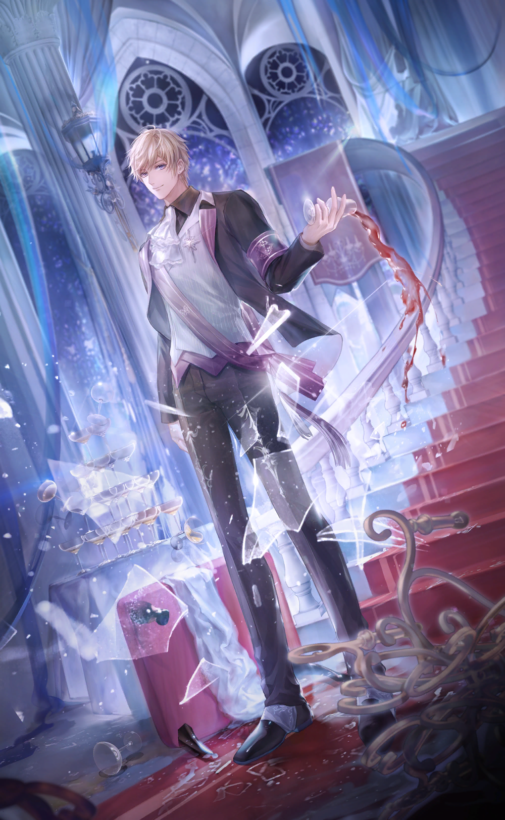 nikki (series), shining nikki, artist request, game cg, highres, official art, 1boy, alcohol, armband, ascot, ballroom, banner, black jacket, black pants, black shoes, black suit, blonde hair, blue eyes, brooch, carpet, chandelier, closed mouth, collared jacket, cup, dress pants, dress shoes, drink, drinking glass, dutch angle, floating clothes, formal clothes, full body, glass shards, happy, holding, holding drink, indoors, jacket, jewelry, lantern, lapels, layered sleeves, light particles, lips, loen (shining nikki), long sleeves, looking at viewer, male focus, night, night sky, notched lapels, open clothes, open jacket, pants, purple armband, shoes, short hair, sky, smile, solo, spilling, standing, star (sky), star brooch, starry sky, suit, swept bangs, table, tuxedo, vest, white ascot, white vest, window, wine, wine glass