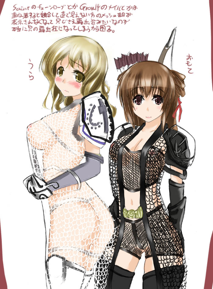 abubu, the elder scrolls, the elder scrolls iv: oblivion, translation request, 2girls, armor, ass, blush, chainmail, elbow gloves, fishnets, gloves, multiple girls, nipples, thighhighs