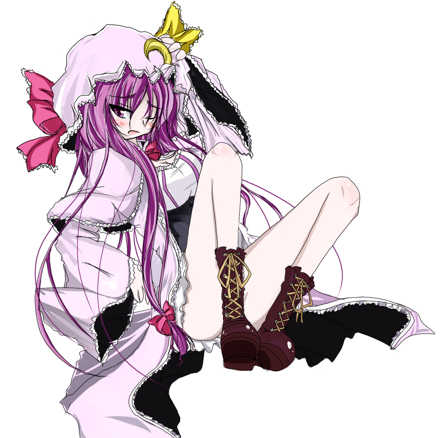 takaharu, patchouli knowledge, touhou, 1girl, bow, crescent, female focus, hat, long hair, pink bow, purple hair, solo
