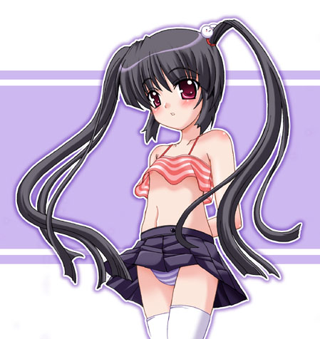 kooh (pangya), pangya, lowres, 1girl, black hair, blush, camisole, female focus, flat chest, loli, long hair, looking at viewer, miniskirt, nipple slip, nipples, panties, skirt, solo, striped clothes, striped panties, thighhighs, twintails, underwear, upshirt, zettai ryouiki