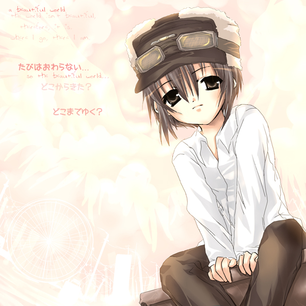 kino (kino no tabi), kino no tabi, 00s, 1girl, androgynous, brown eyes, brown hair, expressionless, female focus, goggles, hat, reverse trap, shirt, short hair, solo, white shirt