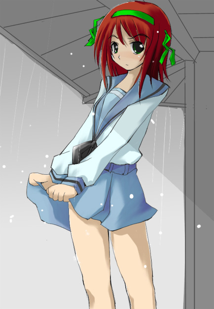 gakky, suzumiya haruhi, suzumiya haruhi no yuuutsu, 00s, brown hair, rain, school uniform, serafuku, short hair, solo