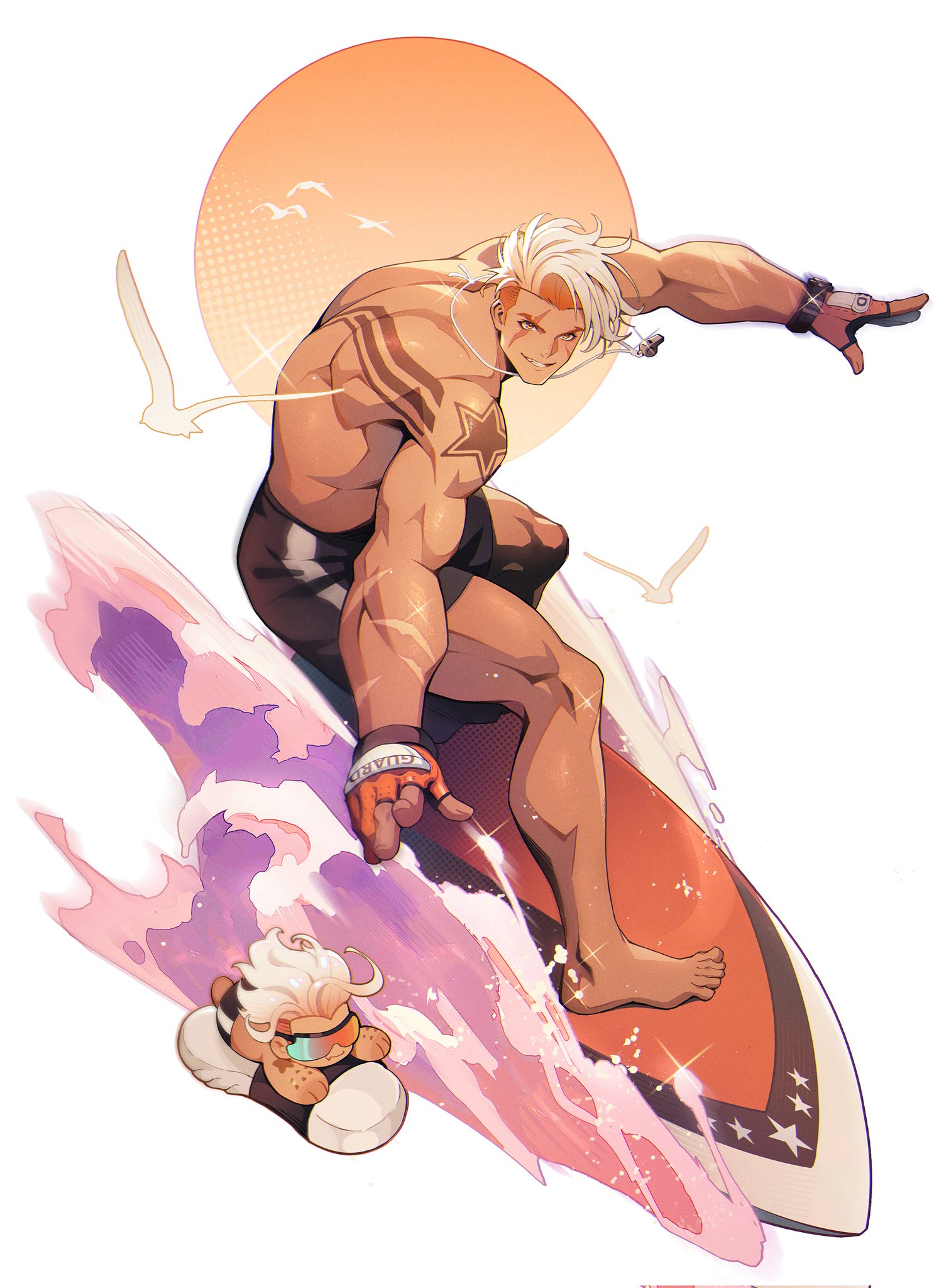 ascytheux, luke sullivan, street fighter, street fighter 6, commentary, hashtag-only commentary, highres, 1boy, arm tattoo, back muscles, back tattoo, barefoot, ben-day dots, bird, black male swimwear, black swim trunks, chibi, dark-skinned male, dark skin, dog tags, doll, fingerless gloves, gloves, grin, looking ahead, lying, male focus, male swimwear, multicolored hair, multiple tattoos, muscular, muscular male, official alternate hair color, official alternate skin color, on stomach, orange hair, outstretched arms, scar, scar across eye, scar on face, screentones, seagull, shoulder tattoo, smile, solo, sparkle, standing, sunglasses, surfboard, surfing, swim trunks, tattoo, teeth, topless male, two-tone hair, watch, water, white background, white hair, wristwatch
