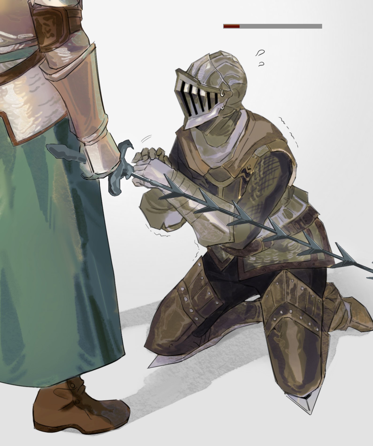 cybfaazx8lyvkca, bearer of the curse, dark souls (series), dark souls ii, commentary, english commentary, highres, 1boy, 1other, black pants, boots, brown boots, full body, gauntlets, green skirt, health bar, helmet, holding, holding sword, holding weapon, kneeling, knight, looking at another, maldron the assassin, pants, simple background, skirt, sword, weapon