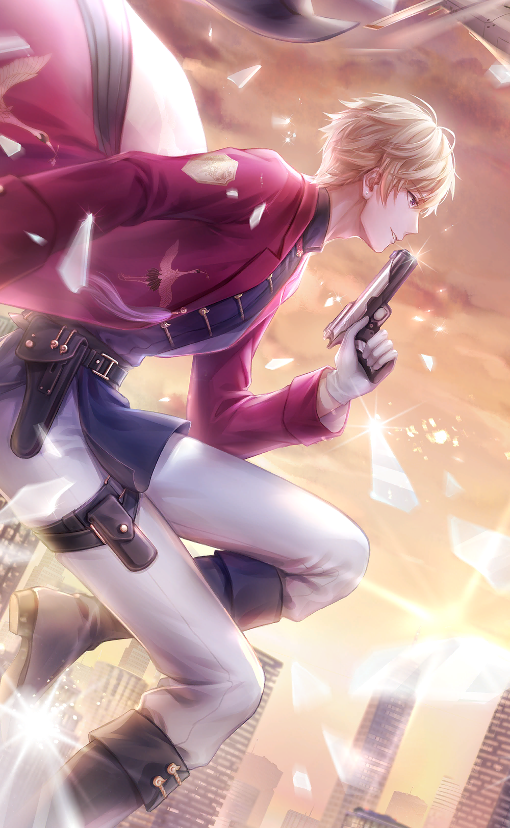 nikki (series), shining nikki, artist request, game cg, highres, official art, 1boy, aircraft, airplane, belt, belt bag, belt buckle, black bag, black belt, black boots, black hat, black shirt, blue eyes, boots, buckle, building, city, cloud, coat, collared coat, collared shirt, crest, dress pants, falling, floating clothes, foot out of frame, from side, glass shards, glint, gloves, gold buttons, gun, handgun, happy, hat, hat loss, high collar, holding, holding gun, holding weapon, holster, lapels, light particles, loen (shining nikki), long sleeves, male focus, notched lapels, open clothes, open coat, pants, parted lips, pointy nose, red coat, shirt, sky, skyscraper, sleeve cuffs, smile, solo, sunrise, thigh belt, thigh boots, thigh strap, weapon, white gloves, white pants, yellow sky