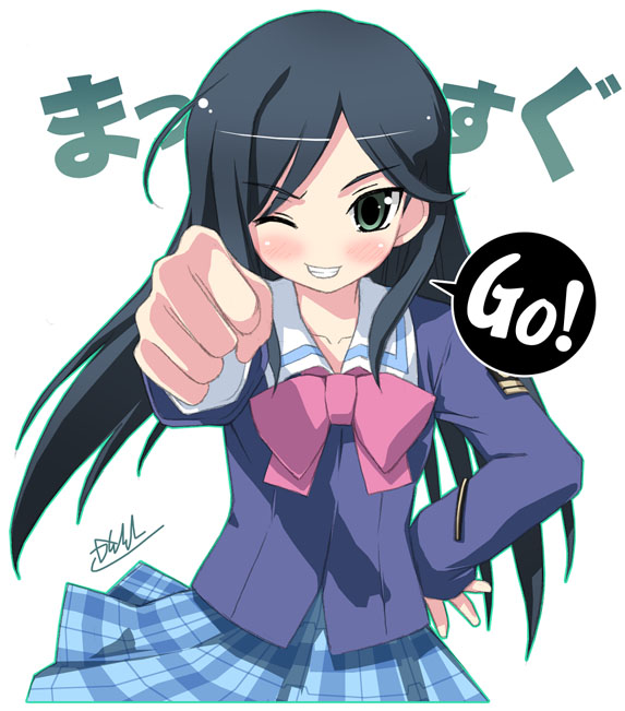 kantoku, etou mei, gakuen utopia manabi straight!, 00s, 1girl, bow, female focus, massugu go, pink bow, plaid clothes, plaid skirt, skirt, solo