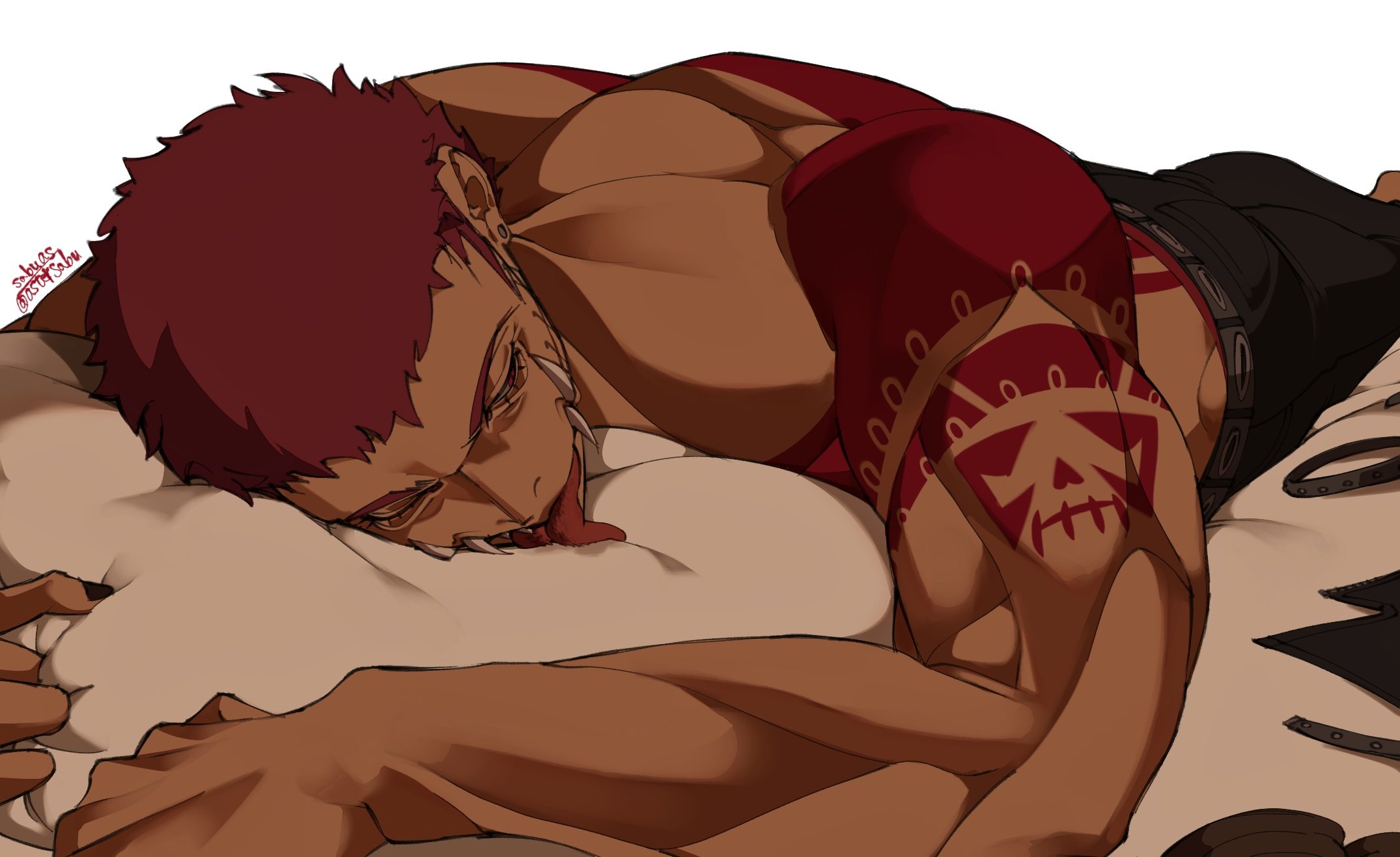 charlotte katakuri, one piece, commentary request, highres, 1boy, astersabu, barefoot, black nails, black pants, dark-skinned male, dark skin, earrings, eyelashes, fingernails, hugging object, jewelry, looking to the side, lying, male focus, nail polish, on stomach, pants, piercing, pillow, pillow hug, red eyes, red hair, sharp teeth, short hair, shoulder tattoo, sideways glance, solo, stud earrings, tattoo, teeth, tongue, tongue out
