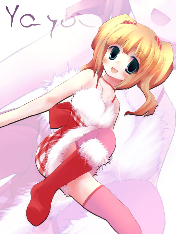 hako, hako (dollspro), takatsuki yayoi, idolmaster, idolmaster (classic), idolmaster 1, 00s, 1girl, blonde hair, blue eyes, cute & girly (idolmaster), female focus, open mouth, solo, thighhighs, twintails, zoom layer