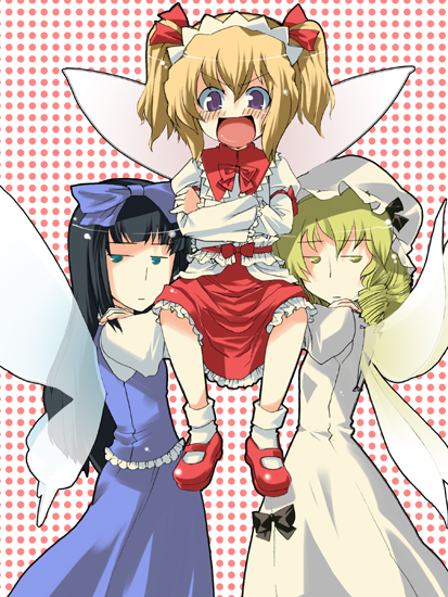 gengorou, luna child, star sapphire, sunny milk, perfect memento in strict sense, touhou, looking away, 3girls, black hair, blonde hair, blush, bow, carrying, crossed arms, drill hair, fairy wings, female focus, hair bow, looking at viewer, mary janes, multiple girls, open mouth, shoes, sitting, socks, twintails, wings