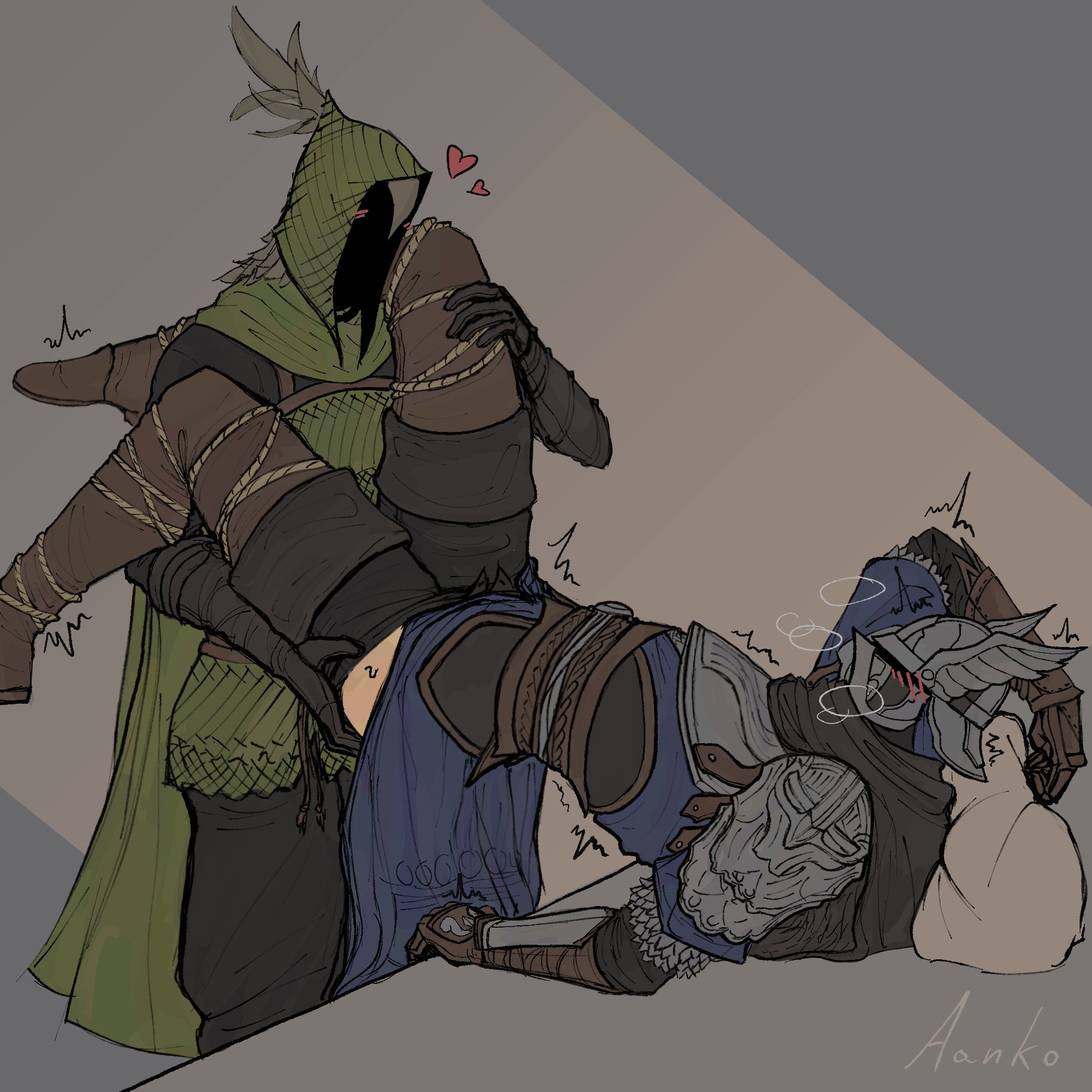aanko, ironeye (elden ring), wylder (elden ring), elden ring, elden ring nightreign, commentary, english commentary, highres, 2boys, ^^^, arched back, arm behind back, armor, black pants, black scarf, blue tabard, blush, boots, breath, cape, green cape, grey hair, hair between eyes, heart, helm, helmet, hood, hooded cape, leg on another's shoulder, lying, male focus, multiple boys, on back, pants, pillow, plume, scarf, tabard, winged helmet, yaoi