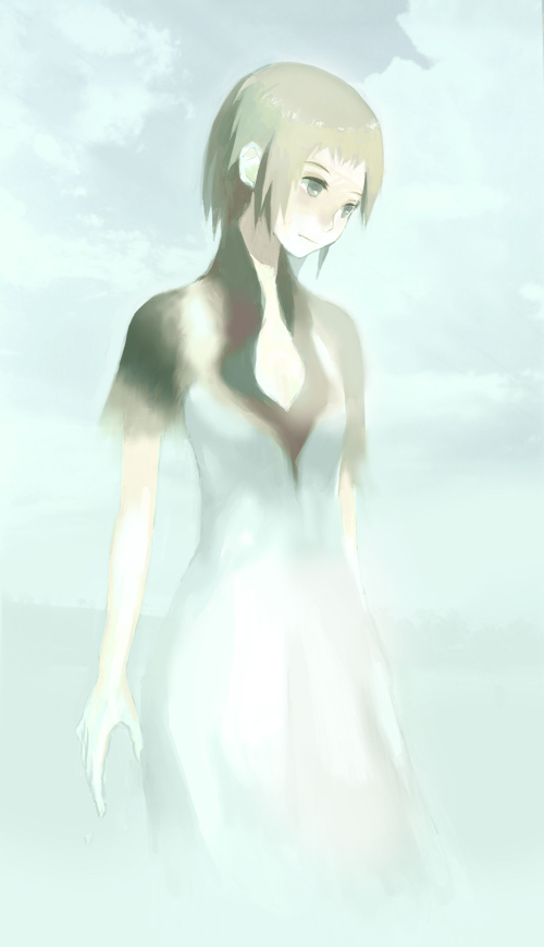 yorda, ico, silver hair, 1girl, dress, female focus, grey eyes, short hair, short sleeves, solo, standing