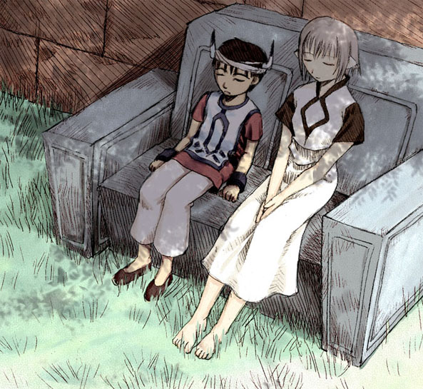 ico (character), yorda, ico, brown footwear, silver hair, 1boy, 1girl, barefoot, between legs, black hair, brick wall, closed eyes, couch, dress, from above, grass, hand between legs, headband, horns, own hands together, pants, shade, shoes, short hair, short sleeves, sitting, sleeping, sleepy, surcoat, tabard, tree shade, v arms, wrist cuffs