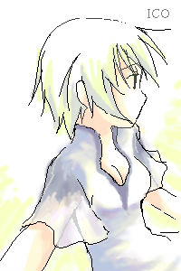 yorda, ico, lowres, 1girl, blonde hair, blue dress, blush, breasts, cleavage, collarbone, dress, female focus, from side, looking to the side, short hair, short sleeves, simple background, small breasts, solo, upper body, white background