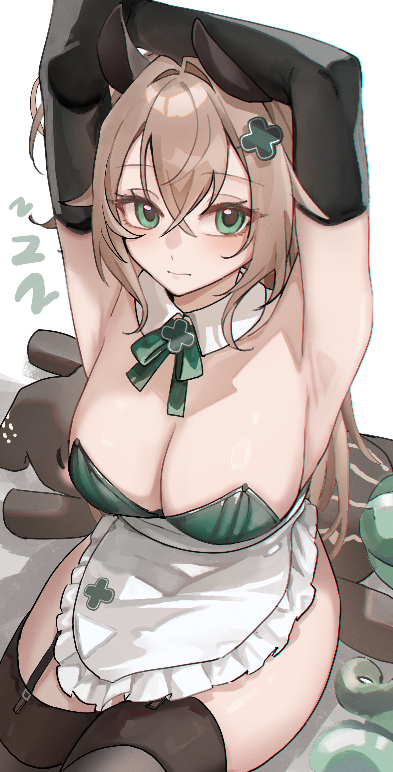 venn (vebonbon), nimi nightmare, nimi nightmare (tapir), indie virtual youtuber, absurdres, commentary, english commentary, highres, 1girl, alternate hair length, alternate hairstyle, animal, animal ears, apron, armpits, arms up, bare shoulders, blonde hair, bow, bowtie, breasts, cleavage, closed mouth, cowboy shot, crossed bangs, detached collar, detached sleeves, double-parted bangs, garter straps, green bow, green bowtie, green eyes, green leotard, hair between eyes, hair intakes, hair ornament, large breasts, leotard, long hair, looking at viewer, plus sign, side ponytail, sitting, strapless, strapless leotard, tapir, tapir ears, tapir girl, thighhighs, virtual youtuber, waist apron, white background, zzz