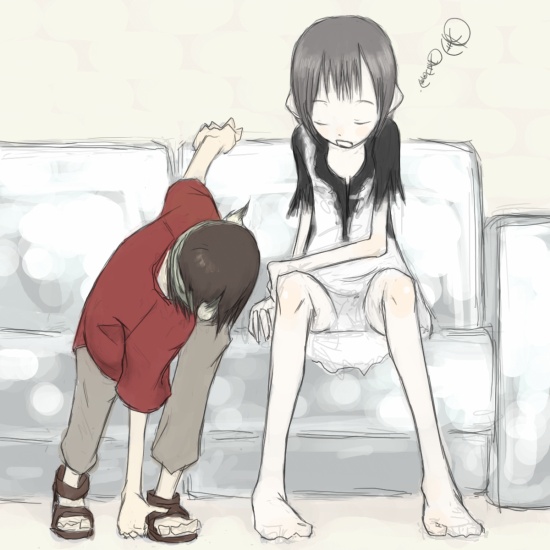 ico (character), yorda, ico, 1boy, 1girl, barefoot, panties, pantyshot, pointy ears, sitting, underwear