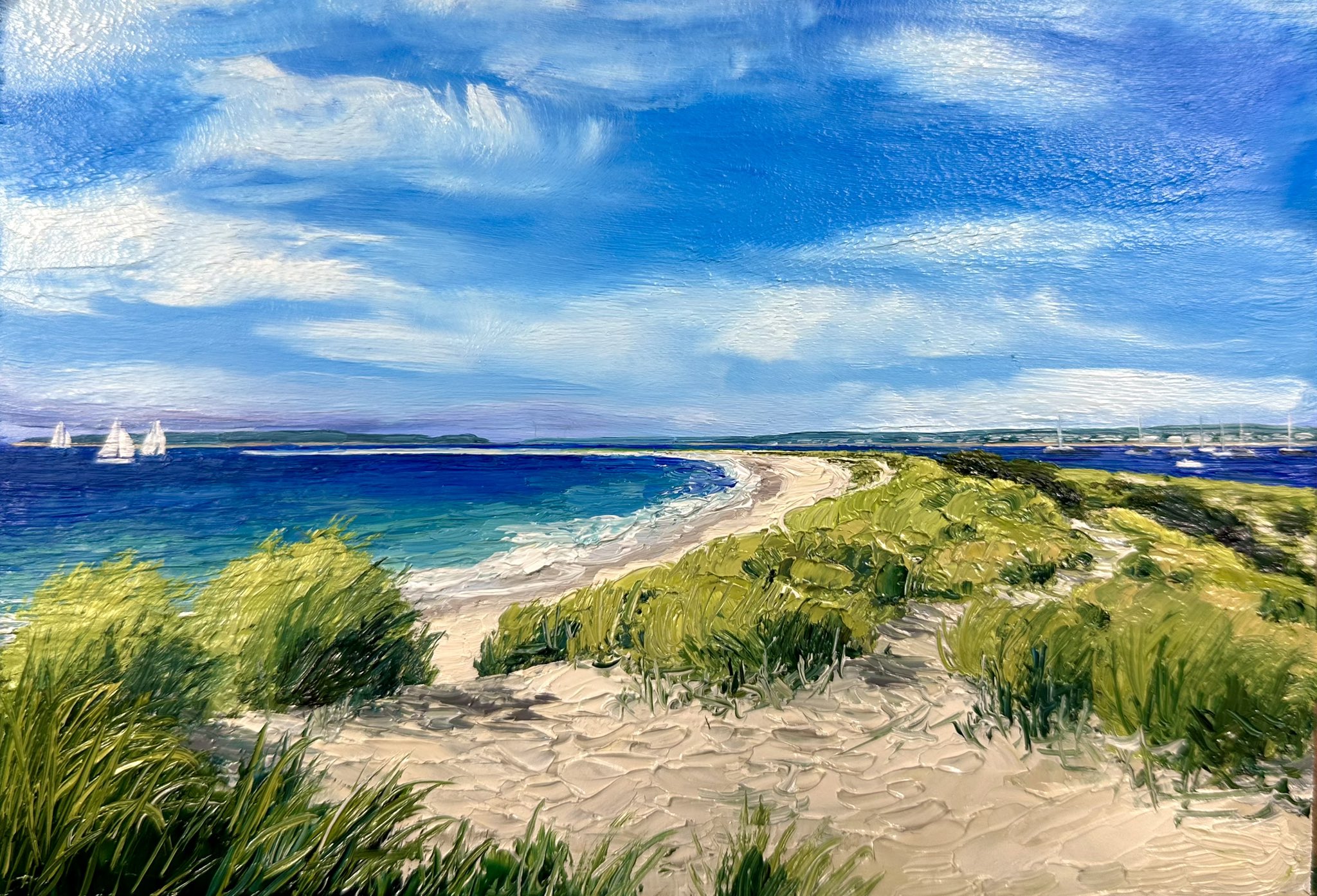kate avery, original, commentary, english commentary, highres, oil painting (medium), painting (medium), traditional media, beach, blue sky, boat, bush, cloud, cloudy sky, day, no humans, ocean, outdoors, real world location, sailboat, scenery, shore, sky, watercraft
