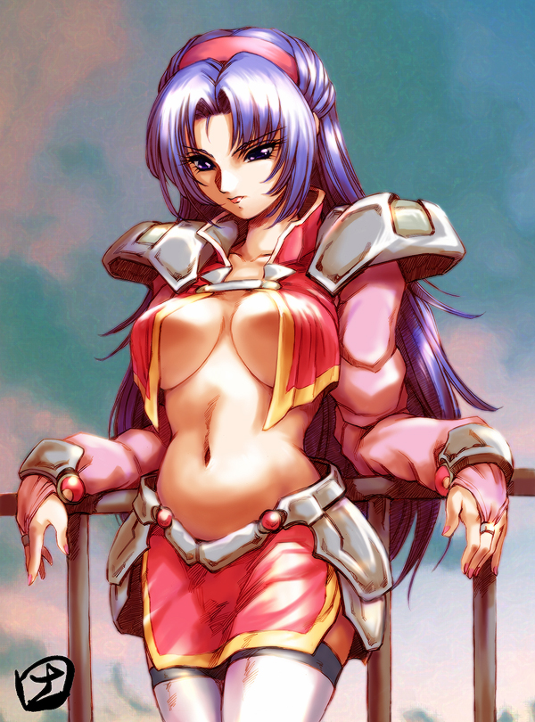 hisahiko, sleigh presty, banpresto, super robot wars, 1girl, against railing, armor, blue hair, breasts, breasts apart, bridal gauntlets, cloud, crop top, faulds, female focus, gem, hairband, large breasts, lipstick, long hair, looking down, makeup, midriff, miniskirt, nail polish, navel, no bra, open clothes, open shirt, outdoors, parted bangs, pauldrons, pink nails, purple eyes, railing, shirt, shoulder armor, side slit, skirt, sky, solo, standing, thighhighs, very long hair, white thighhighs