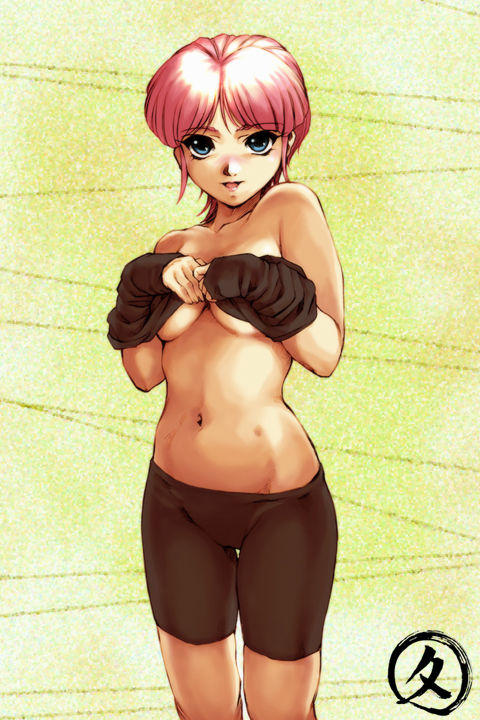 hisahiko, mai kobayashi, banpresto, super robot wars, 1girl, bike shorts, blush, breasts, cameltoe, covering breasts, covering privates, female focus, navel, short hair, smile, solo, topless female