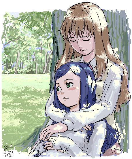 ikeda (cpt), fujino shizuru, kuga natsuki, my-hime, 00s, brown hair, closed eyes, dated, green eyes, hug, long hair, school uniform, serafuku