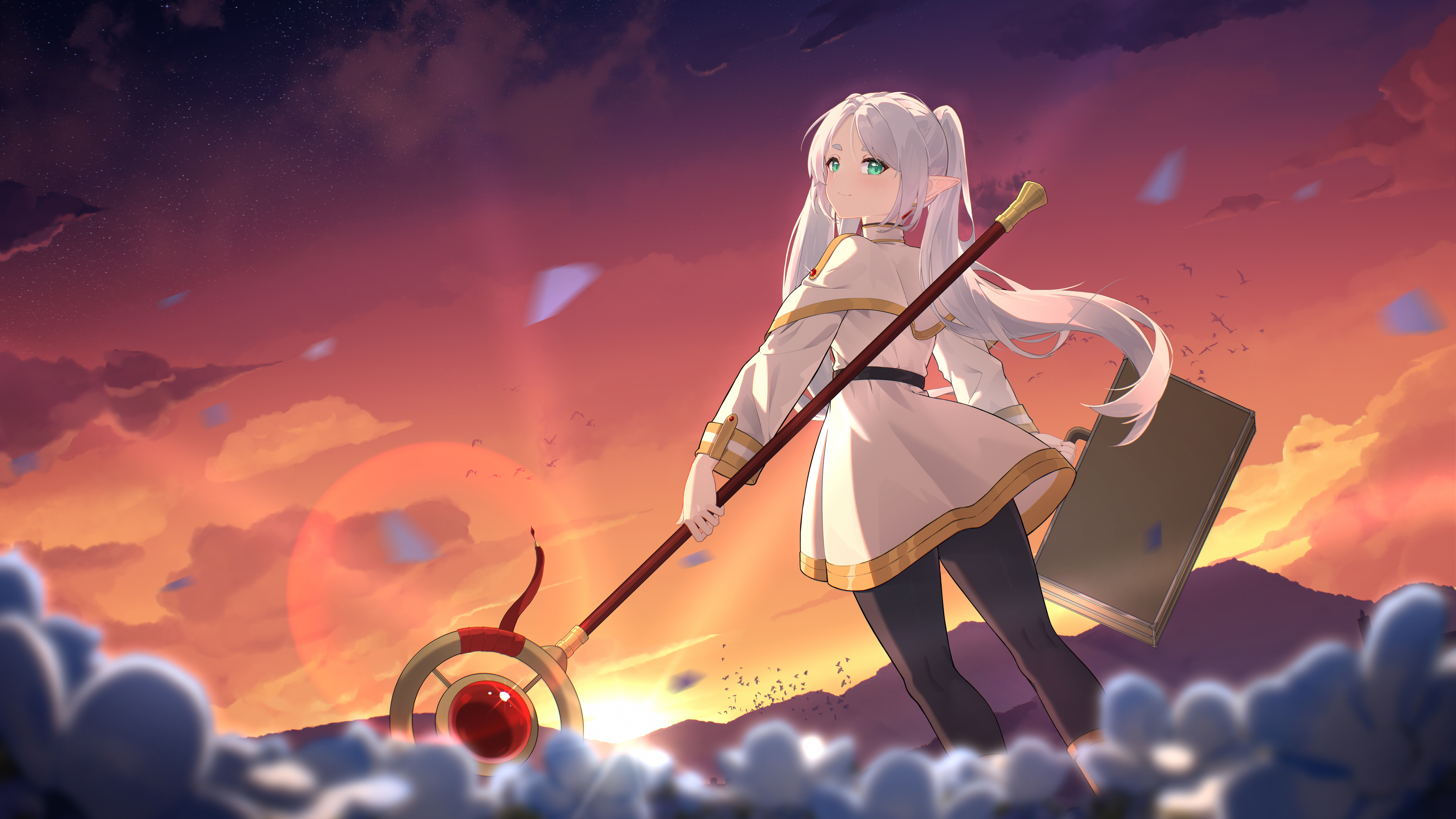 uncle dash, frieren, sousou no frieren, absurdres, highres, 1girl, black pantyhose, cloud, dress, elf, flower, green eyes, long hair, looking at viewer, looking back, mountainous horizon, orange sky, outdoors, pantyhose, pointy ears, sidelocks, sky, smile, solo, staff, suitcase, swept bangs, thick eyebrows, twintails, white dress, white hair
