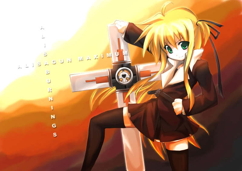 akanagi youto, arisa bunnings, nicholas d. wolfwood, lyrical nanoha, mahou shoujo lyrical nanoha, trigun, 1girl, blonde hair, cosplay, female focus, green eyes, miniskirt, nicholas d wolfwood (cosplay), parody, skirt, solo, thighhighs, zettai ryouiki