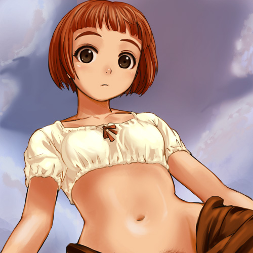 haruyama kazunori, lavie head, last exile, lowres, 00s, 1girl, blunt bangs, bob cut, brown eyes, crop top, female focus, female pubic hair, from below, looking at viewer, looking down, midriff, navel, no panties, pubic hair, pubic hair peek, red hair, short hair, solo, staring