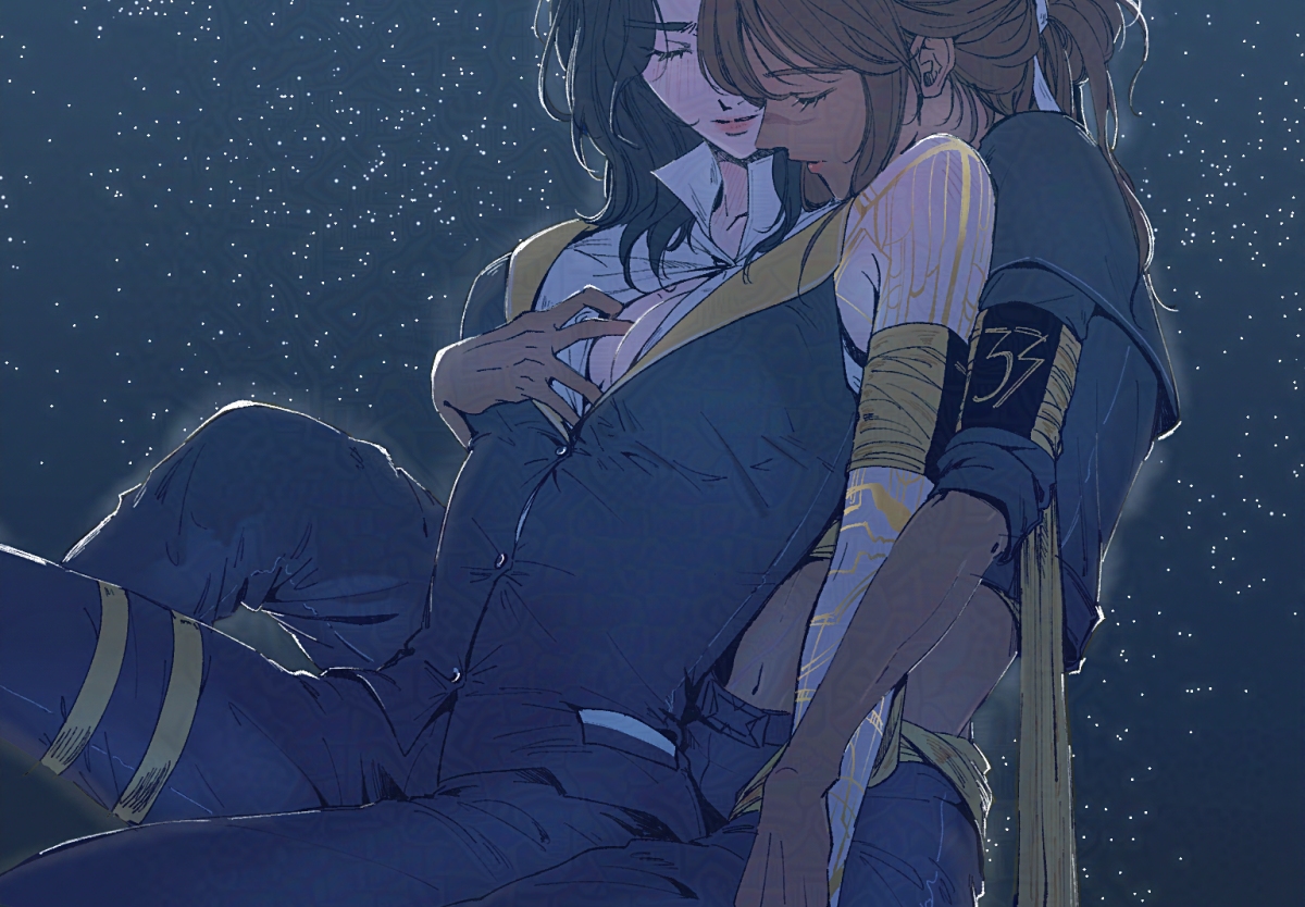 hoj duck, lune (clair obscur: expedition 33), sciel (clair obscur: expedition 33), clair obscur: expedition 33, commentary request, korean commentary, 2girls, armband, black hair, black jacket, breasts, brown hair, closed eyes, cowboy shot, front-to-back, hand on another's chest, jacket, medium hair, multiple girls, navel, night, night sky, scar, scar on face, scar on nose, sky, star (sky), starry sky, yuri
