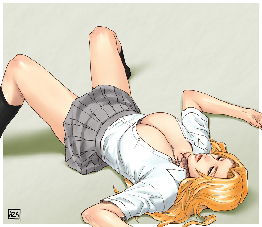 azasuke, matsumoto rangiku, bleach, 00s, 1girl, blonde hair, breasts, cleavage, female focus, huge breasts, long hair, lying, on back, open clothes, open shirt, school uniform, serafuku, shirt, skirt, solo, spread legs