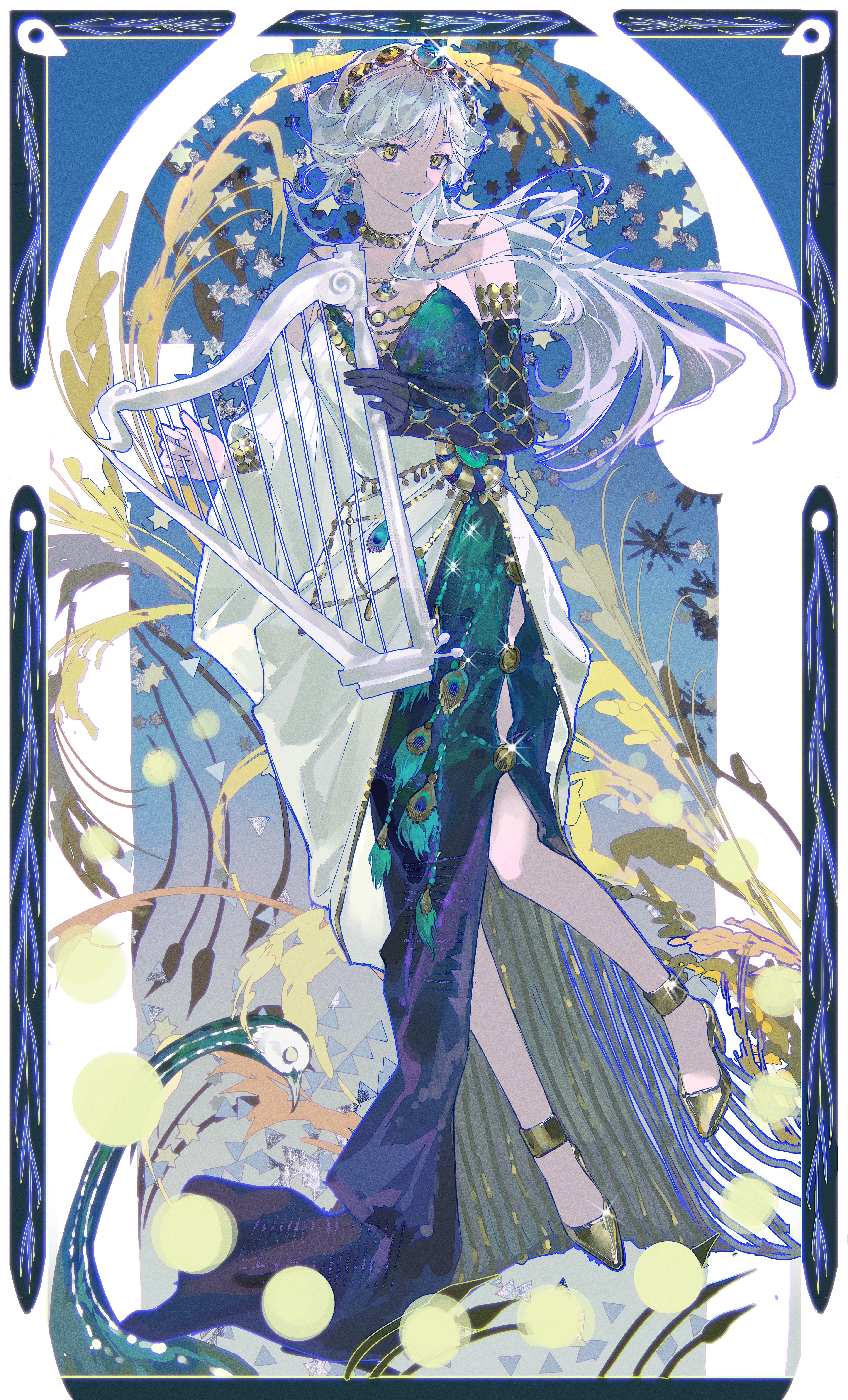 yi fen ta, eternity (reverse:1999), reverse:1999, absurdres, highres, 1girl, bare shoulders, bird, blue background, breasts, cleavage, dress, elbow gloves, floating hair, foot up, full body, gem hair ornament, gloves, green dress, green gloves, grin, harp, high heels, holding, holding instrument, instrument, long dress, long hair, looking at viewer, official alternate costume, peacock, shoes, side slit, single elbow glove, sleeveless, sleeveless dress, smile, solo, standing, standing on one leg, white hair, yellow eyes, yellow shoes