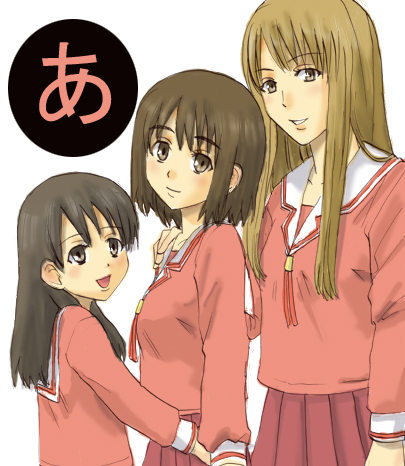 ayase asagi, ayase ena, ayase fuuka, azumanga daiou, yotsubato!, lowres, 3girls, a (phrase), blonde hair, brown eyes, brown hair, cosplay, creator connection, crossover, multiple girls, school uniform, serafuku, simple background, thick eyebrows, white background