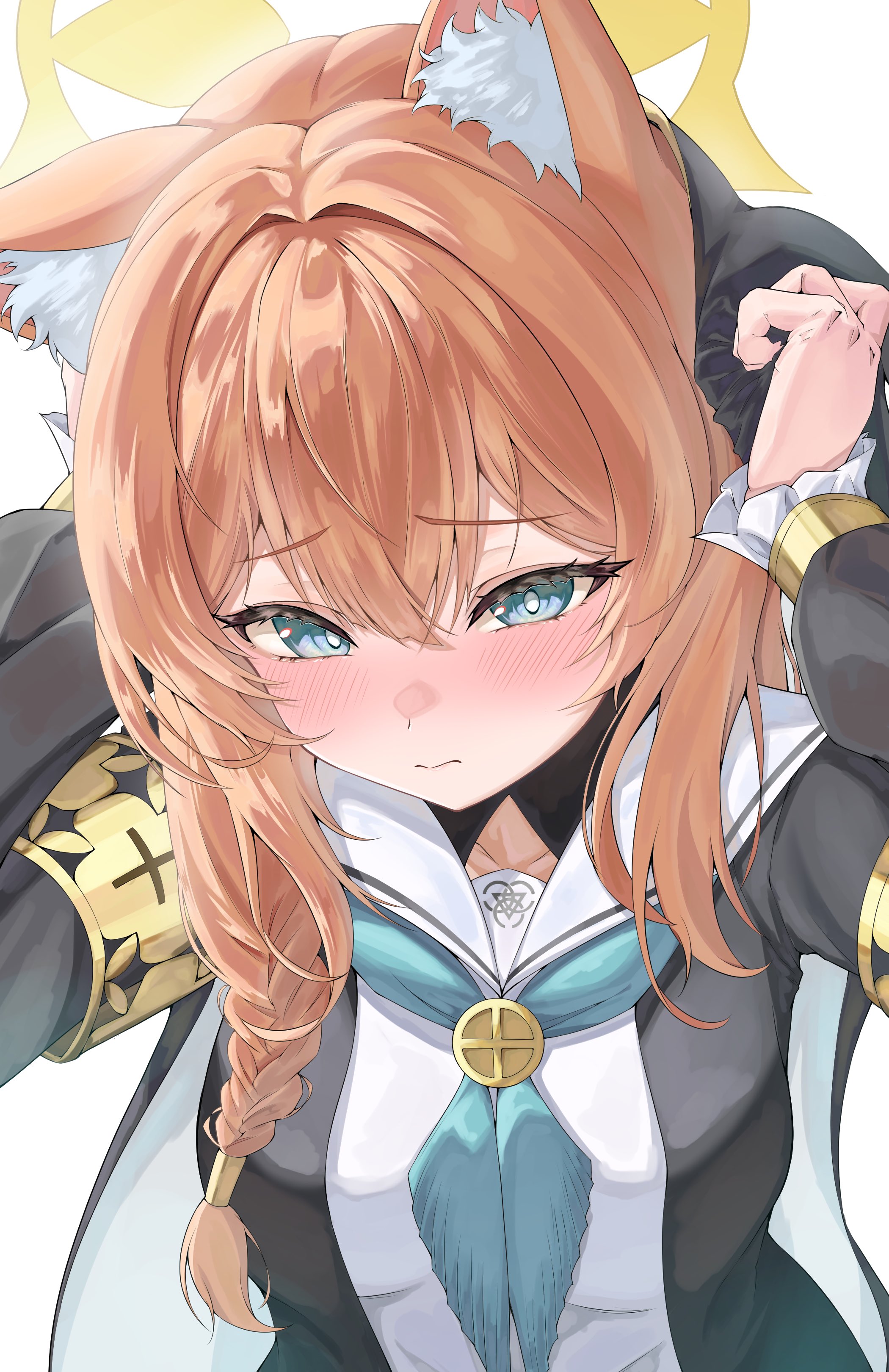 mari (blue archive), blue archive, absurdres, commentary, highres, 1girl, 2025, 3:, 81q7bvjempsb6yb, animal ear fluff, animal ears, aqua neckerchief, black dress, blue eyes, blush, braid, bright pupils, cat ears, cat girl, closed mouth, dated commentary, dress, embarrassed, eyelashes, frilled sleeves, frills, furrowed brow, hair between eyes, hair intakes, halo, hands up, long hair, long sleeves, low-tied long hair, neckerchief, no headwear, nose blush, nun, orange hair, puffy long sleeves, puffy sleeves, sailor collar, school uniform, serafuku, sidelocks, simple background, single braid, solo, tsurime, two-tone dress, upper body, white background, white dress, white pupils, white sailor collar, yellow halo