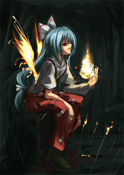 shimadoriru, fujiwara no mokou, touhou, 1girl, female focus, fiery wings, fire, full body, solo, wings