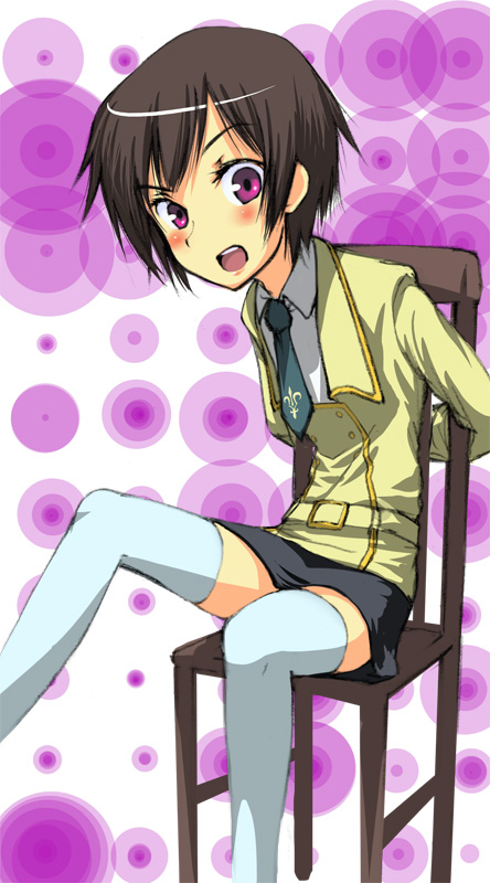 negy, lelouch vi britannia, luluko, code geass, 00s, 1boy, 1girl, artistic error, bdsm, blush, bondage, bound, bound wrists, chair, crossdressing, crossdressing (ftm), crossdressing (mtf), female focus, genderswap, genderswap (mtf), legs, looking at viewer, necktie, open mouth, short hair, sitting, skirt, solo, thighhighs, white thighhighs, zettai ryouiki