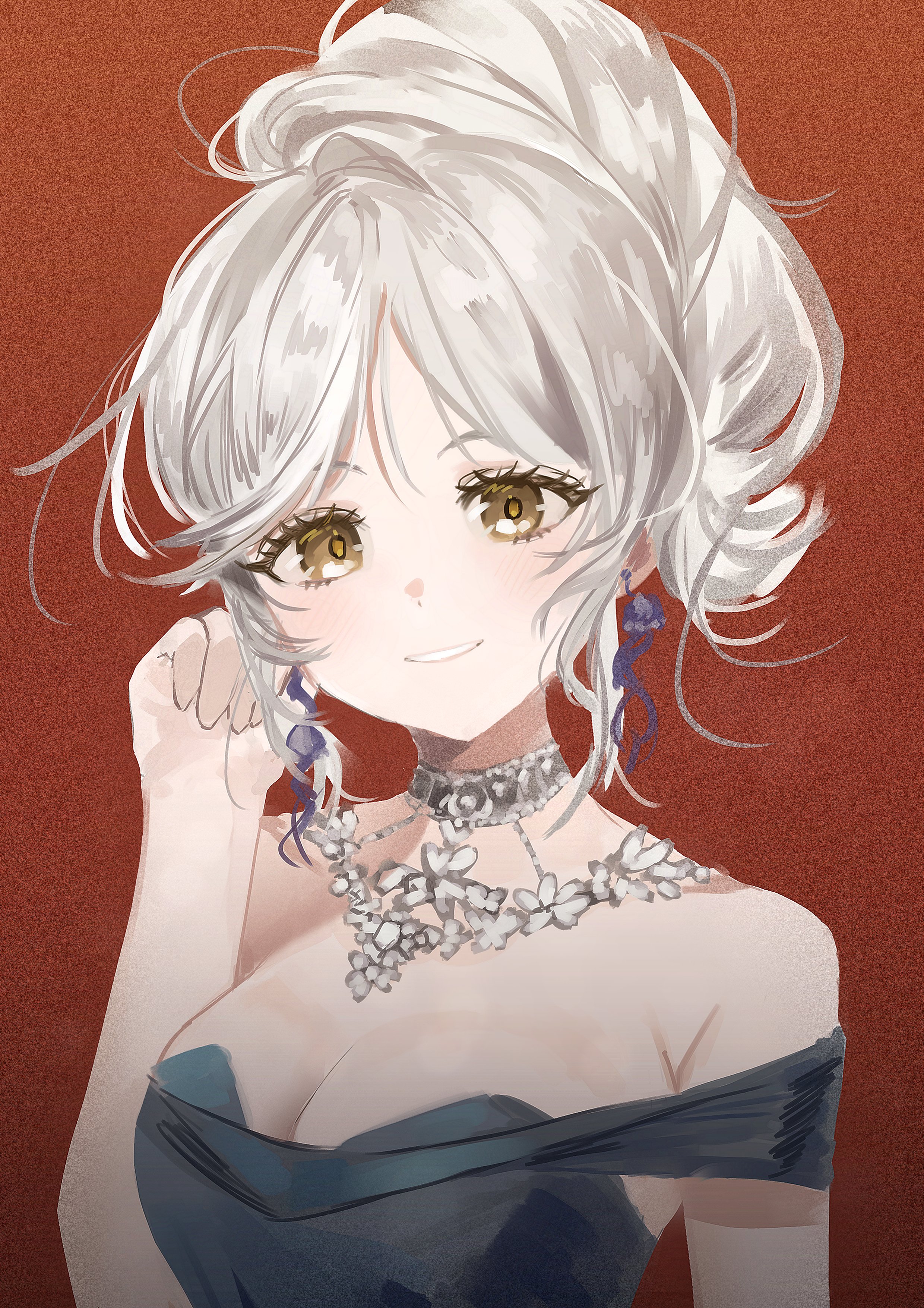 eternity (reverse:1999), reverse:1999, absurdres, commission, highres, 1girl, bare shoulders, blue dress, breasts, cleavage, dress, evening gown, grin, hand up, jellyfish earrings, jewelry, large breasts, looking at viewer, medium hair, necklace, ponytail, red background, s2 medi, smile, solo, upper body, white hair, yellow eyes