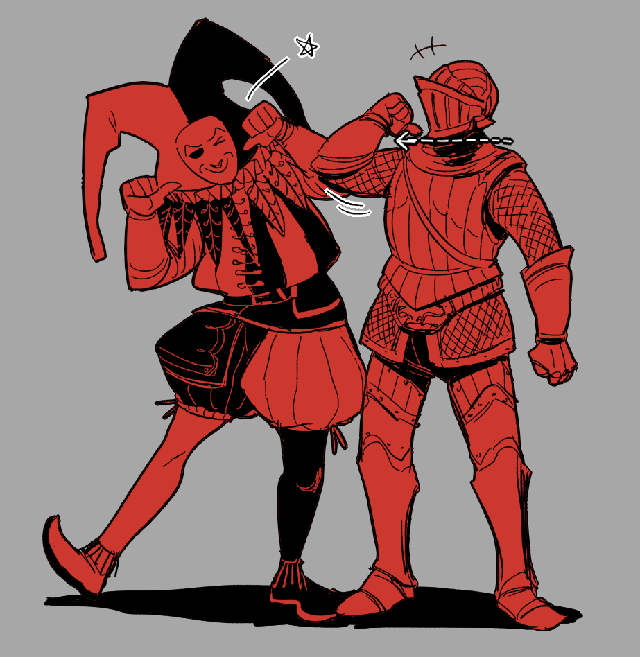 essor0706, dark souls (series), dark souls ii, 2boys, armor, armored boots, baggy pants, boots, breastplate, full body, gauntlets, hat, jester, jester cap, knight, maldron the assassin, male focus, mask, masked, monochrome, multiple boys, one eye closed, pants, red theme, shoes, simple background, slit throat (gesture), standing, thomas the jester