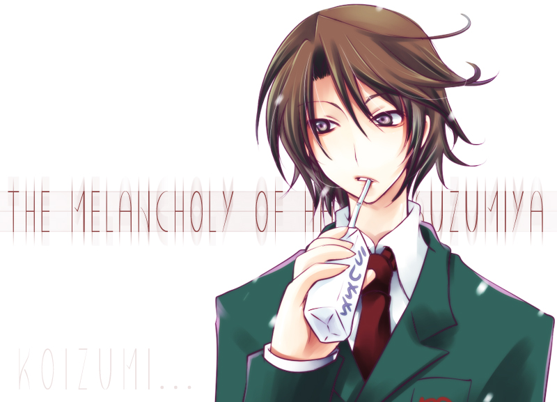 yukian, koizumi itsuki, suzumiya haruhi no yuuutsu, 00s, 1boy, breast pocket, brown hair, character name, collared shirt, copyright name, drinking, drinking straw, expressionless, green jacket, hair between eyes, holding, jacket, long sleeves, male focus, necktie, parted lips, pocket, purple eyes, red necktie, shirt, simple background, solo, tsurime, upper body, white background, white shirt, wing collar